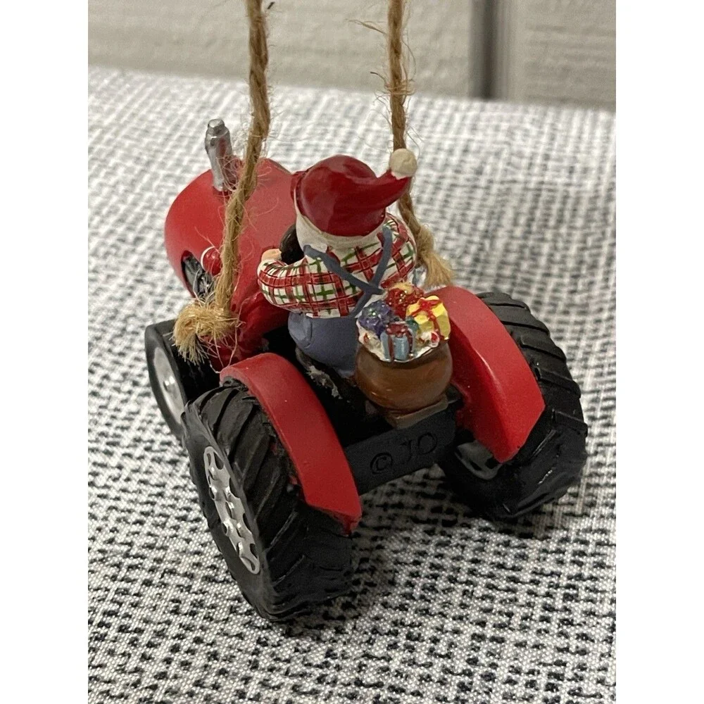St Ignace Michigan Santa Red Tractor Christmas Ornament Resin Farm Souvenir